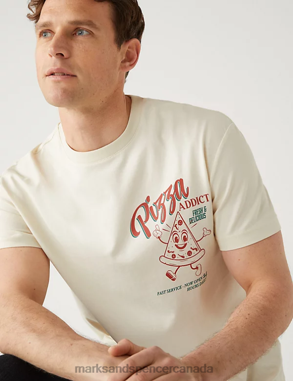 Men Ecru Clothing Marks & Spencer Pure Cotton Pizza Addict Graphic T-Shirt 20VTD6283 - Marks and Spencer Canada locations