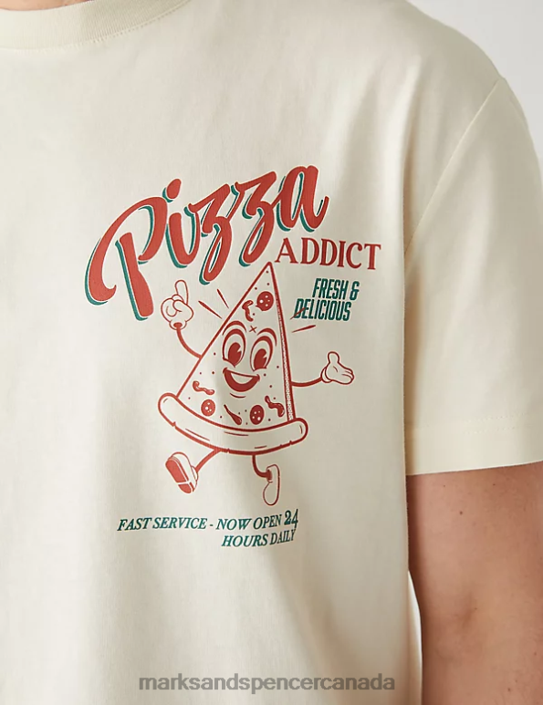 Men Ecru Clothing Marks & Spencer Pure Cotton Pizza Addict Graphic T-Shirt 20VTD6283 - Marks and Spencer Canada locations