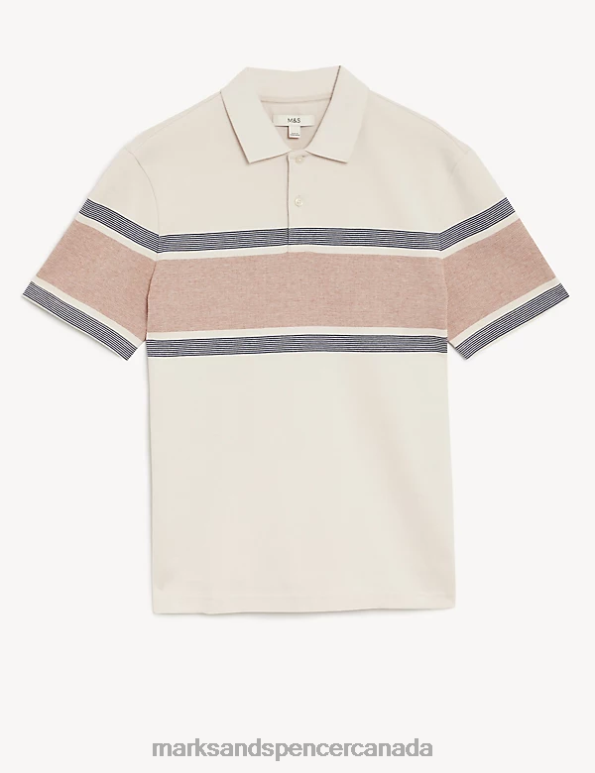 Marks and Spencer near me - Men Ecru Clothing Marks & Spencer Pure Cotton Striped Double Knit Polo Shirt 20VTD4837