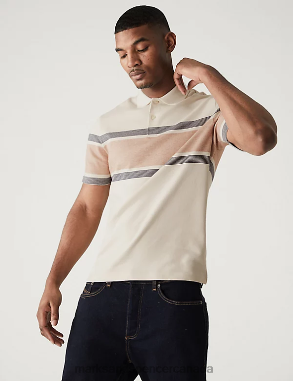 Marks and Spencer near me - Men Ecru Clothing Marks & Spencer Pure Cotton Striped Double Knit Polo Shirt 20VTD4837