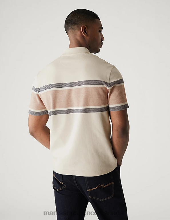 Marks and Spencer near me - Men Ecru Clothing Marks & Spencer Pure Cotton Striped Double Knit Polo Shirt 20VTD4837