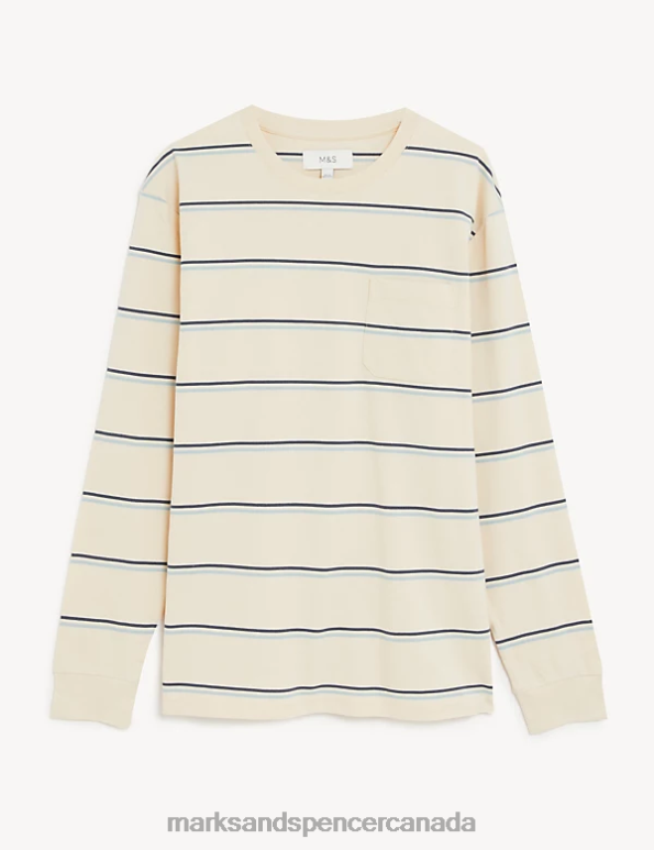 Men Ecru Clothing Marks & Spencer Pure Cotton Striped Heavy Weight T-Shirt 20VTD7006 - Marks and Spencer online
