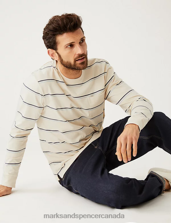 Men Ecru Clothing Marks & Spencer Pure Cotton Striped Heavy Weight T-Shirt 20VTD7006 - Marks and Spencer online