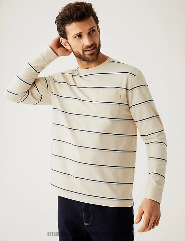 Men Ecru Clothing Marks & Spencer Pure Cotton Striped Heavy Weight T-Shirt 20VTD7006 - Marks and Spencer online