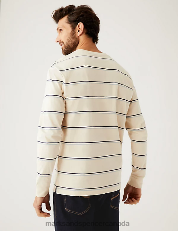 Men Ecru Clothing Marks & Spencer Pure Cotton Striped Heavy Weight T-Shirt 20VTD7006 - Marks and Spencer online
