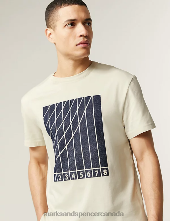 Marks and Spencer sale - Men Ecru Clothing Marks & Spencer Pure Cotton Track Graphic T-Shirt 20VTD6483