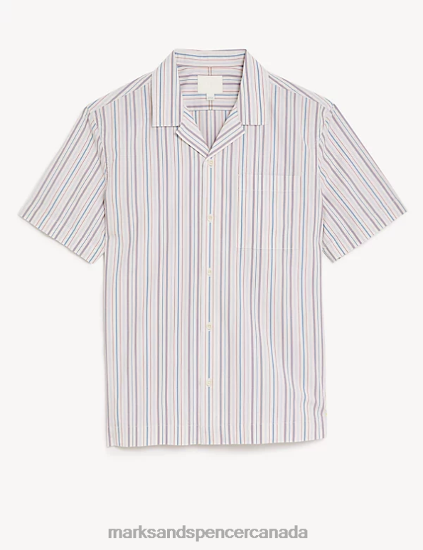 Men Ecru Mix Clothing Marks & Spencer Clarendon Pure Organic Cotton Cuban Collar Shirt 20VTD5827 - Marks and Spencer online