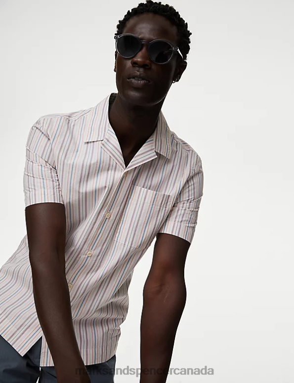 Men Ecru Mix Clothing Marks & Spencer Clarendon Pure Organic Cotton Cuban Collar Shirt 20VTD5827 - Marks and Spencer online