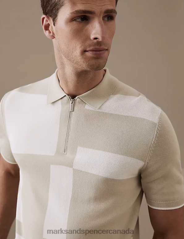 Men Ecru Mix Clothing Marks & Spencer Cotton Blend Knitted Polo Shirt 20VTD6153 - Marks and Spencer outlet