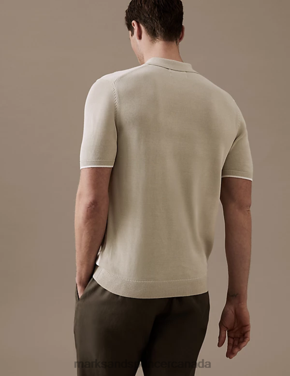 Men Ecru Mix Clothing Marks & Spencer Cotton Blend Knitted Polo Shirt 20VTD6153 - Marks and Spencer outlet