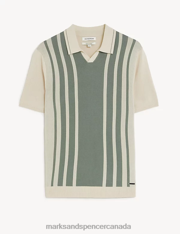 Men Ecru Mix Clothing Marks & Spencer Cotton Blend Striped Knitted Polo Shirt 20VTD6818 - Marks and Spencer outlet