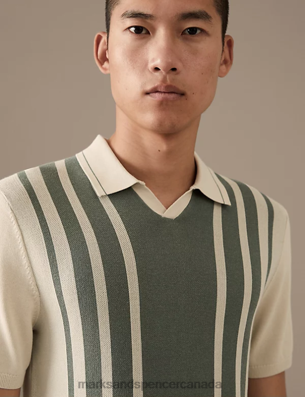 Men Ecru Mix Clothing Marks & Spencer Cotton Blend Striped Knitted Polo Shirt 20VTD6818 - Marks and Spencer outlet