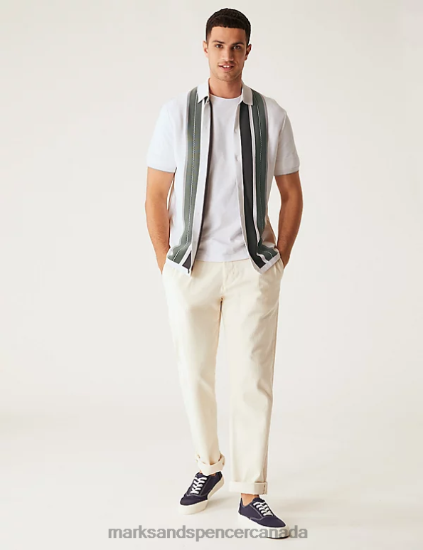 Marks and Spencer Canada - Men Ecru Mix Clothing Marks & Spencer Cotton Modal Striped Knitted Polo Shirt 20VTD5191