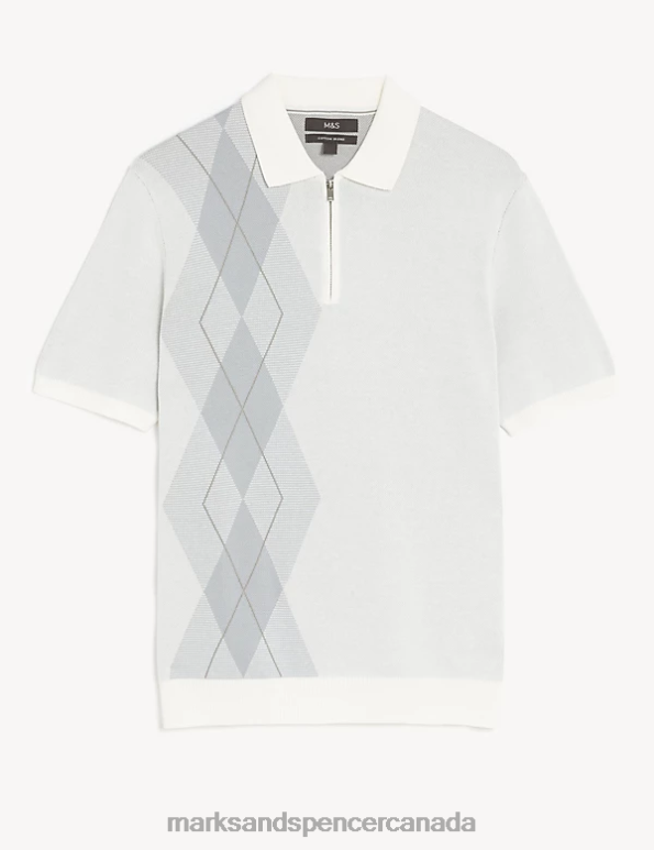 Men Ecru Mix Clothing Marks & Spencer Cotton Rich Arygle Knitted Polo Shirt 20VTD6550 - Marks and Spencer Canada locations