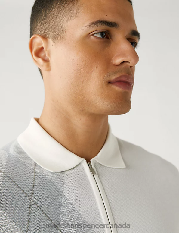 Men Ecru Mix Clothing Marks & Spencer Cotton Rich Arygle Knitted Polo Shirt 20VTD6550 - Marks and Spencer Canada locations