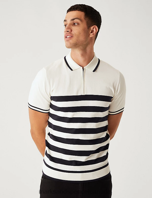 Men Ecru Mix Clothing Marks & Spencer Cotton Rich Striped Knitted Polo Shirt 20VTD5493 - Marks and Spencer outlet