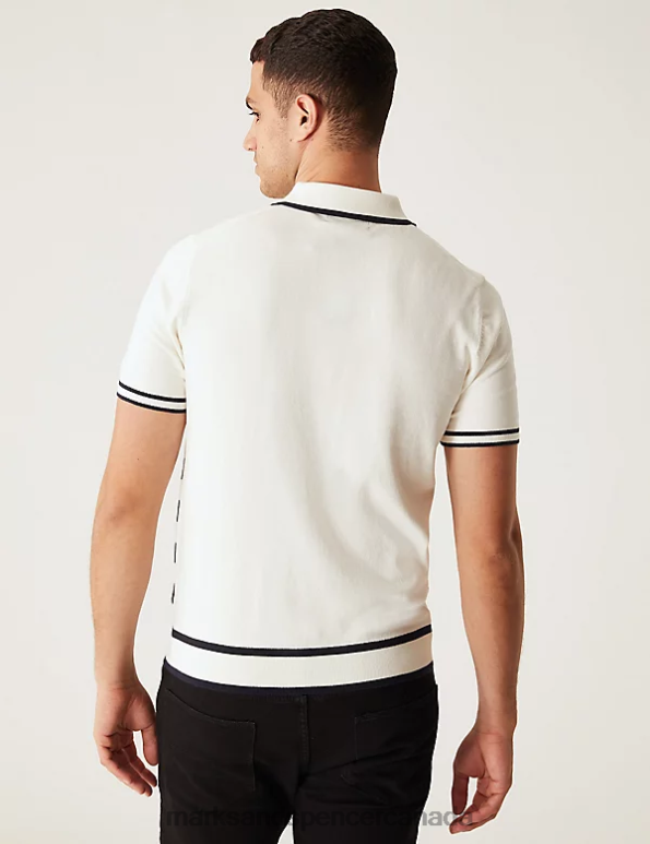 Men Ecru Mix Clothing Marks & Spencer Cotton Rich Striped Knitted Polo Shirt 20VTD5493 - Marks and Spencer outlet