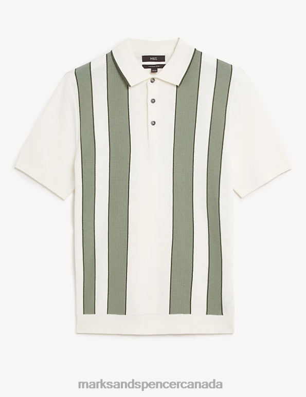 Men Ecru Mix Clothing Marks & Spencer Cotton Rich Striped Knitted Polo Shirt 20VTD6592 - Marks and Spencer online