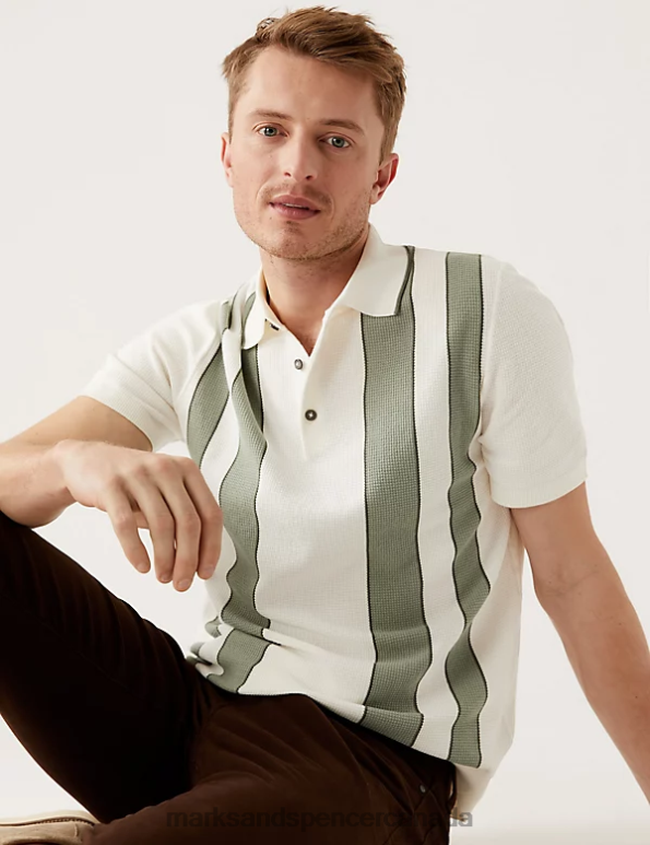 Men Ecru Mix Clothing Marks & Spencer Cotton Rich Striped Knitted Polo Shirt 20VTD6592 - Marks and Spencer online