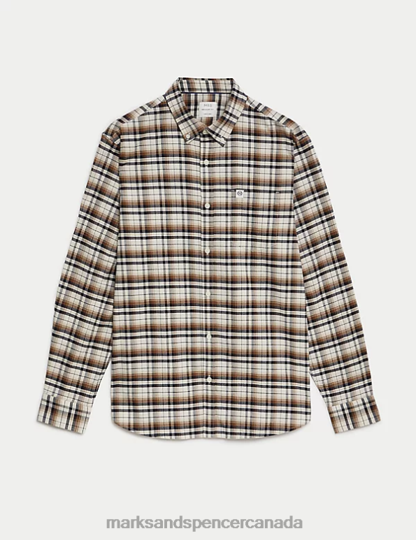 Men Ecru Mix Clothing Marks & Spencer Easy Iron Pure Cotton Check Oxford Shirt 20VTD5071 - Marks and Spencer Canada locations
