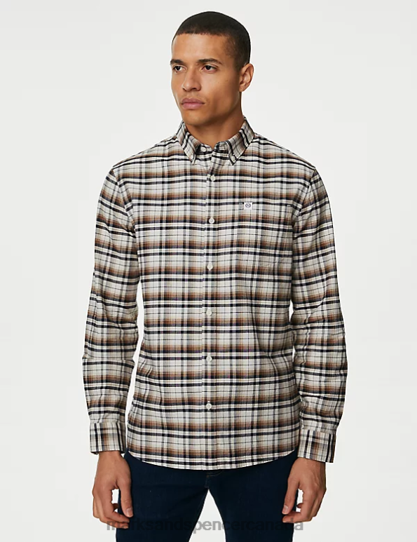 Men Ecru Mix Clothing Marks & Spencer Easy Iron Pure Cotton Check Oxford Shirt 20VTD5071 - Marks and Spencer Canada locations