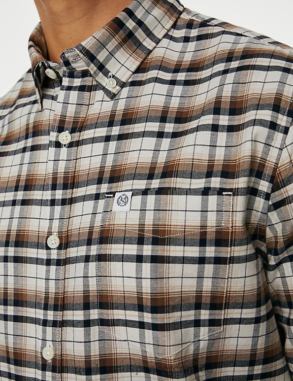 Men Ecru Mix Clothing Marks & Spencer Easy Iron Pure Cotton Check Oxford Shirt 20VTD5071 - Marks and Spencer Canada locations