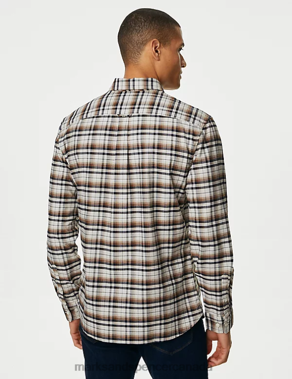 Men Ecru Mix Clothing Marks & Spencer Easy Iron Pure Cotton Check Oxford Shirt 20VTD5071 - Marks and Spencer Canada locations