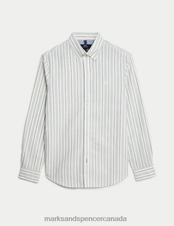 Marks and Spencer sale - Men Ecru Mix Clothing Marks & Spencer Easy Iron Pure Cotton Striped Oxford Shirt 20VTD5102