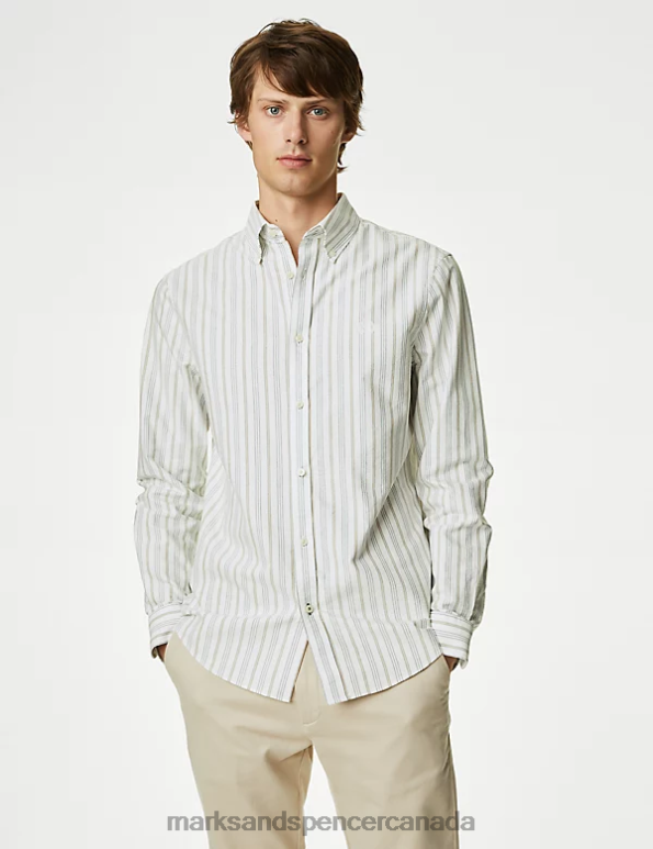 Marks and Spencer sale - Men Ecru Mix Clothing Marks & Spencer Easy Iron Pure Cotton Striped Oxford Shirt 20VTD5102