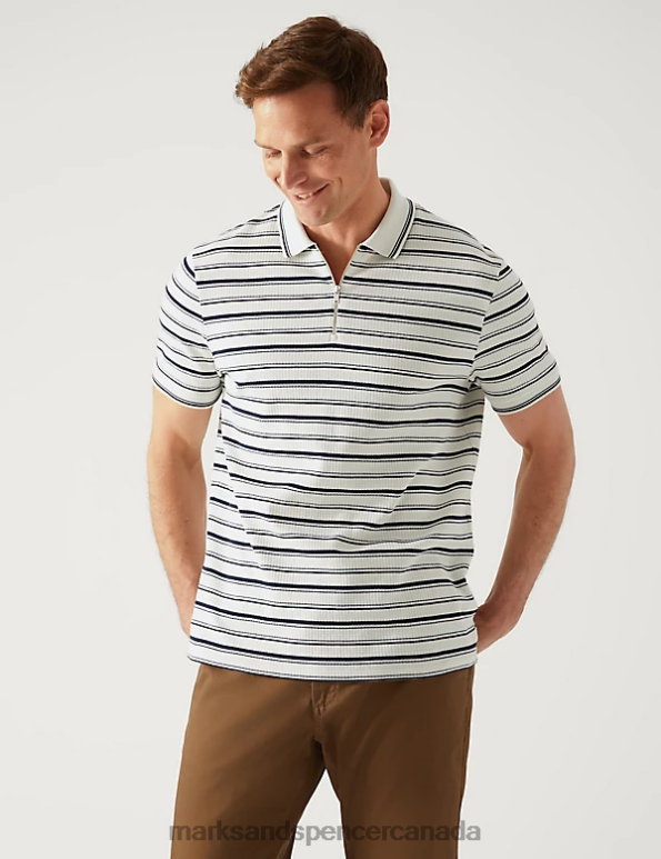 Men Ecru Mix Clothing Marks & Spencer Pure Cotton Striped Half Zip Polo Shirt 20VTD5972 - Marks and Spencer Canada locations