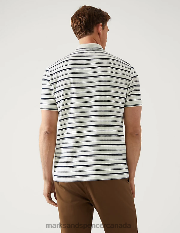 Men Ecru Mix Clothing Marks & Spencer Pure Cotton Striped Half Zip Polo Shirt 20VTD5972 - Marks and Spencer Canada locations