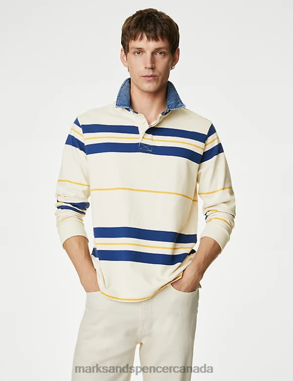 Marks and Spencer near me - Men Ecru Mix Clothing Marks & Spencer Pure Cotton Striped Rugby Shirt 20VTD4989