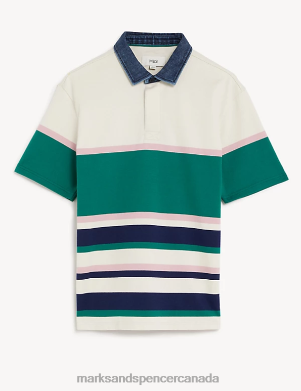 Men Ecru Mix Clothing Marks & Spencer Pure Cotton Striped Rugby Shirt 20VTD6434 - Marks and Spencer outlet
