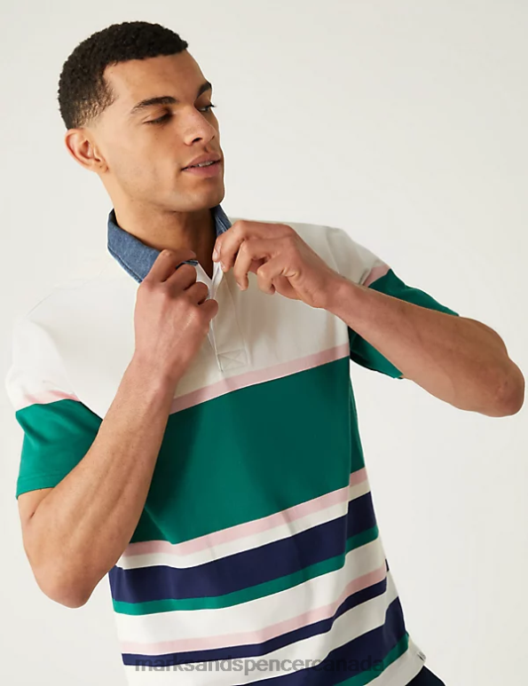 Men Ecru Mix Clothing Marks & Spencer Pure Cotton Striped Rugby Shirt 20VTD6434 - Marks and Spencer outlet