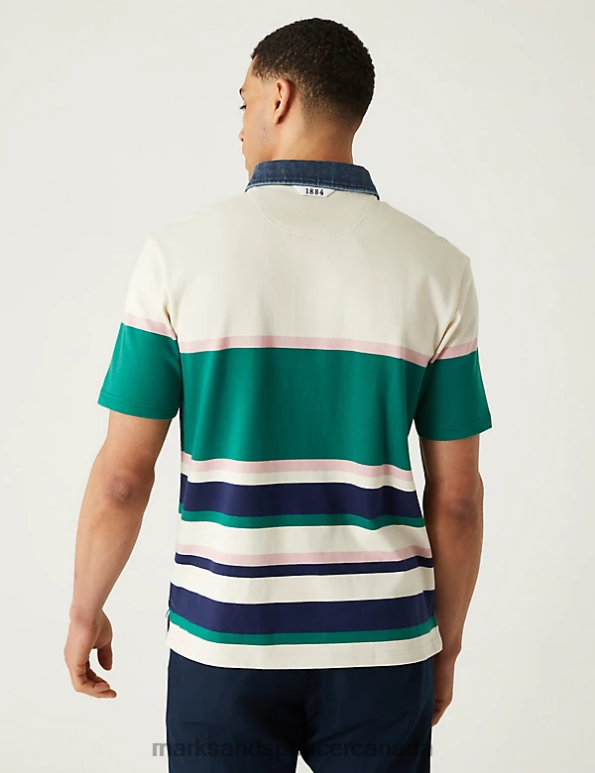 Men Ecru Mix Clothing Marks & Spencer Pure Cotton Striped Rugby Shirt 20VTD6434 - Marks and Spencer outlet