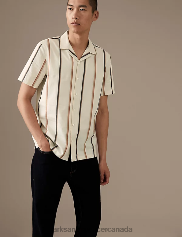 Marks and Spencer sale - Men Ecru Mix Clothing Marks & Spencer Pure Cotton Striped Shirt 20VTD5649
