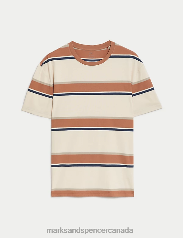 Marks and Spencer Canada - Men Ecru Mix Clothing Marks & Spencer Pure Cotton Striped T-Shirt 20VTD4923