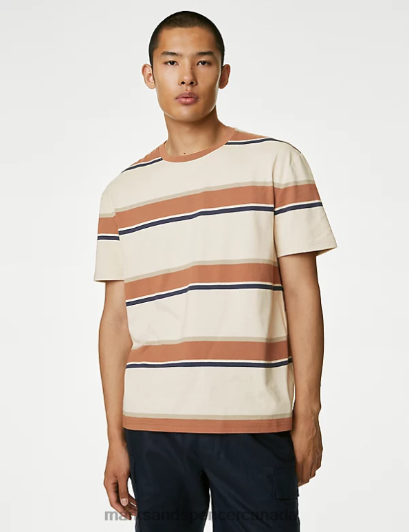 Marks and Spencer Canada - Men Ecru Mix Clothing Marks & Spencer Pure Cotton Striped T-Shirt 20VTD4923