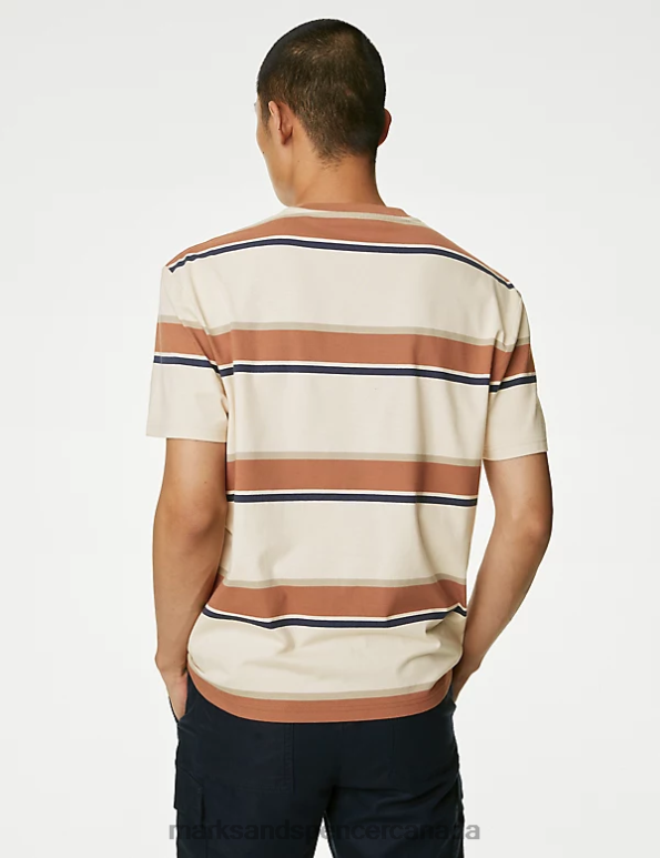 Marks and Spencer Canada - Men Ecru Mix Clothing Marks & Spencer Pure Cotton Striped T-Shirt 20VTD4923