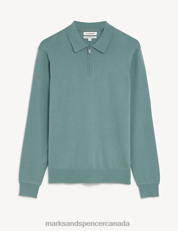 Men Faded Green Clothing Marks & Spencer Pure Extra Fine Merino Wool Knitted Polo 20VTD7066 - Marks and Spencer online