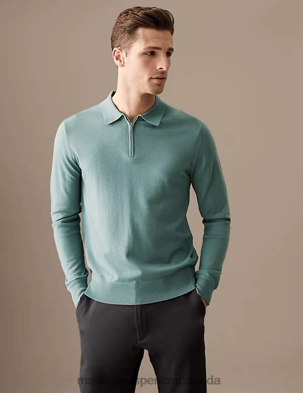 Men Faded Green Clothing Marks & Spencer Pure Extra Fine Merino Wool Knitted Polo 20VTD7066 - Marks and Spencer online