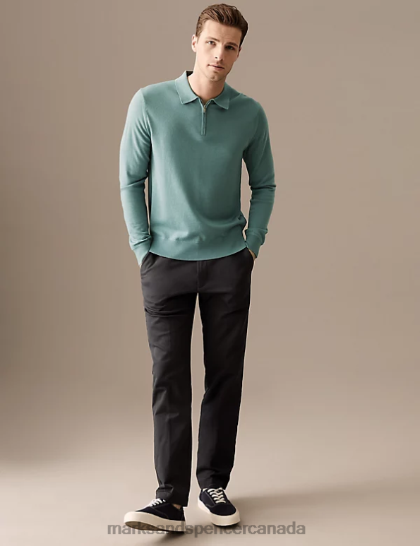 Men Faded Green Clothing Marks & Spencer Pure Extra Fine Merino Wool Knitted Polo 20VTD7066 - Marks and Spencer online