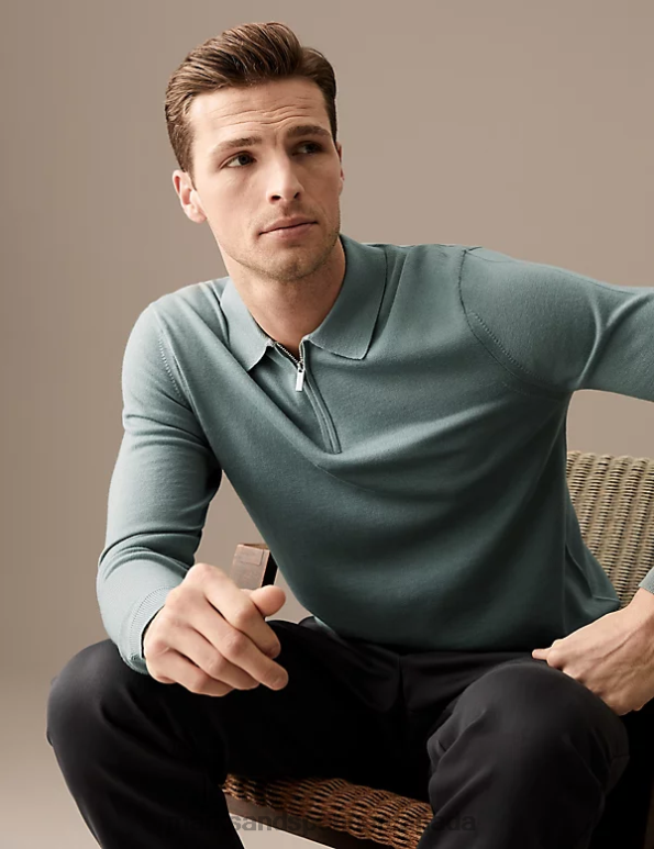 Men Faded Green Clothing Marks & Spencer Pure Extra Fine Merino Wool Knitted Polo 20VTD7066 - Marks and Spencer online