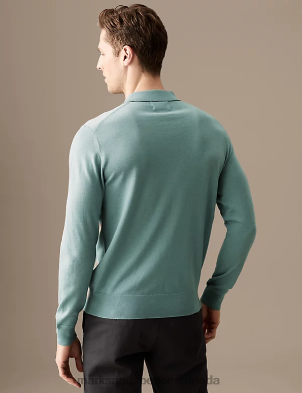 Men Faded Green Clothing Marks & Spencer Pure Extra Fine Merino Wool Knitted Polo 20VTD7066 - Marks and Spencer online