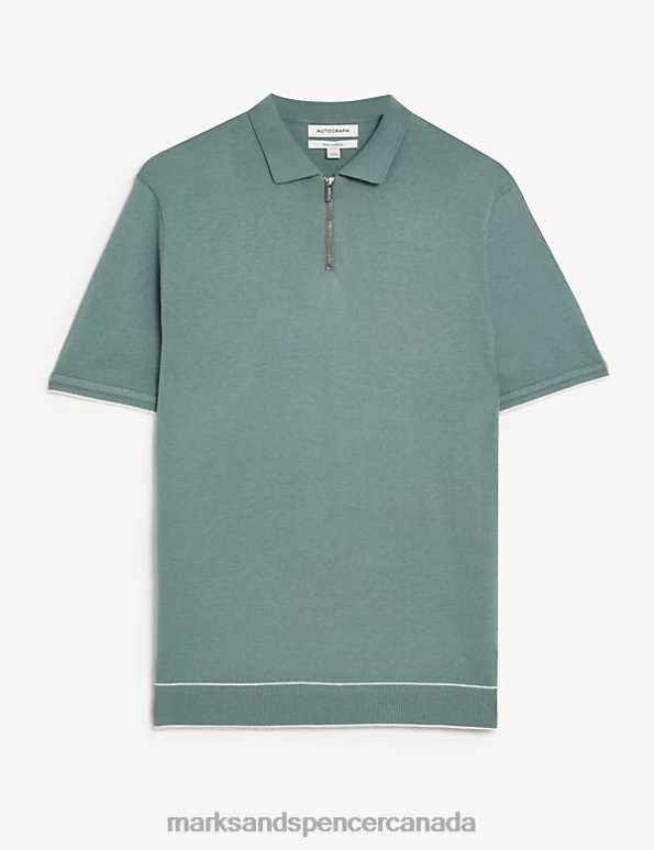Marks and Spencer near me - Men Faded Green Clothing Marks & Spencer Silk Cotton Zip Neck Knitted Polo Shirt 20VTD6104
