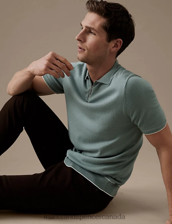 Marks and Spencer near me - Men Faded Green Clothing Marks & Spencer Silk Cotton Zip Neck Knitted Polo Shirt 20VTD6104