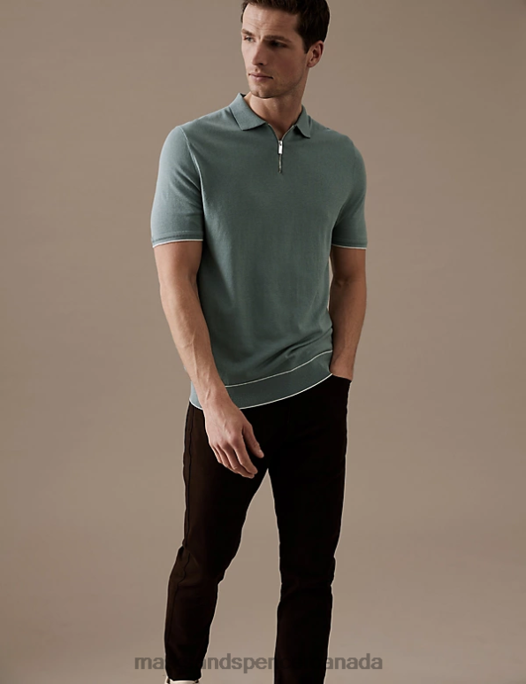 Marks and Spencer near me - Men Faded Green Clothing Marks & Spencer Silk Cotton Zip Neck Knitted Polo Shirt 20VTD6104