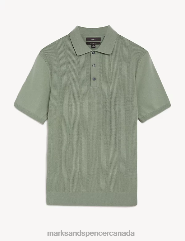 Men Green Clothing Marks & Spencer Cotton Rich Textured Knitted Polo Shirt 20VTD6277 - Marks and Spencer outlet