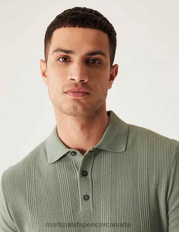 Men Green Clothing Marks & Spencer Cotton Rich Textured Knitted Polo Shirt 20VTD6277 - Marks and Spencer outlet