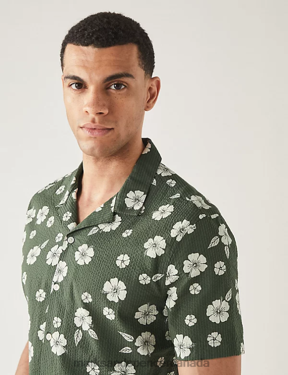 Marks and Spencer near me - Men Green Clothing Marks & Spencer Pure Cotton Seersucker Cuban Collar Shirt 20VTD6138
